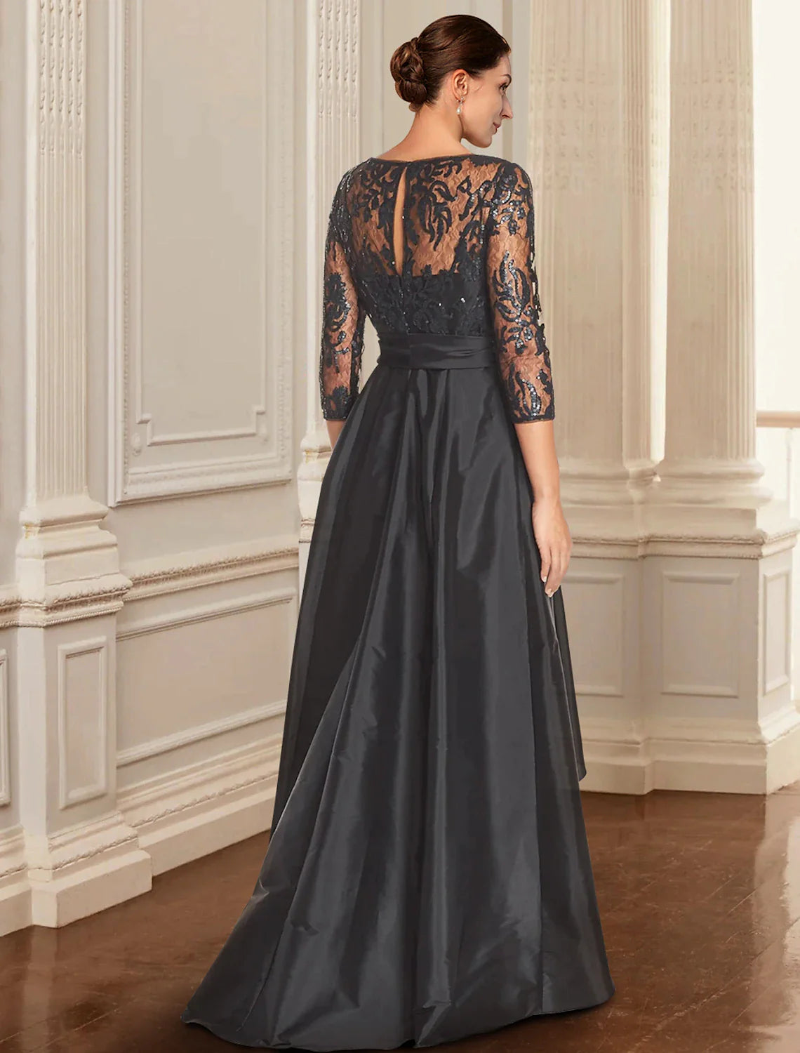 Wholesale A-Line Mother of the Bride Dress Formal Wedding Guest Elegant Black Dress Jewel Neck Asymmetrical Lace Italy Satin 3/4 Length Sleeve with Lace Bow(s) Sequin